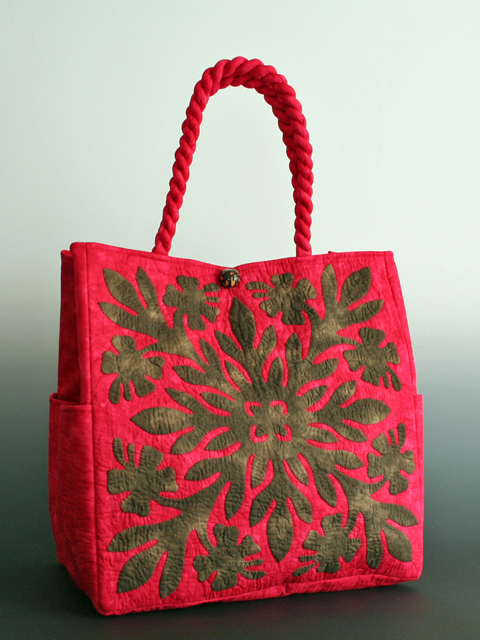 新型特大ハワイアンキルトバッグ ハイビスカス Eダークブラウン オン  