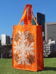 ハワイアンキルトA4バッグ　ハイビスカス ブラウン・ベージュ　オン　オレンジ