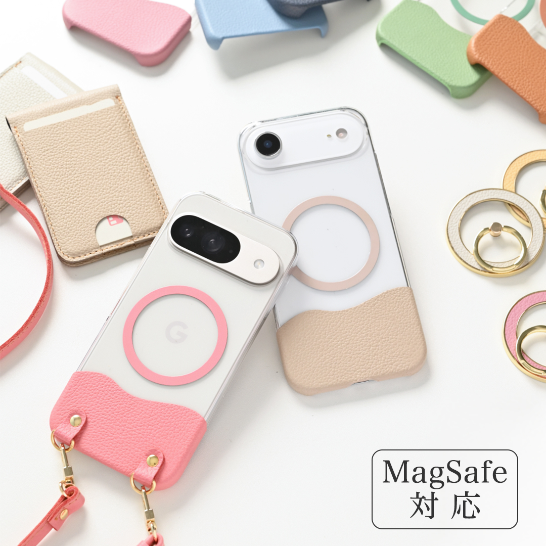 多機種対応 MagSafe対応 スマホケース 【 ちょい革 シュリンクレザー 】 クリア スマホショルダー