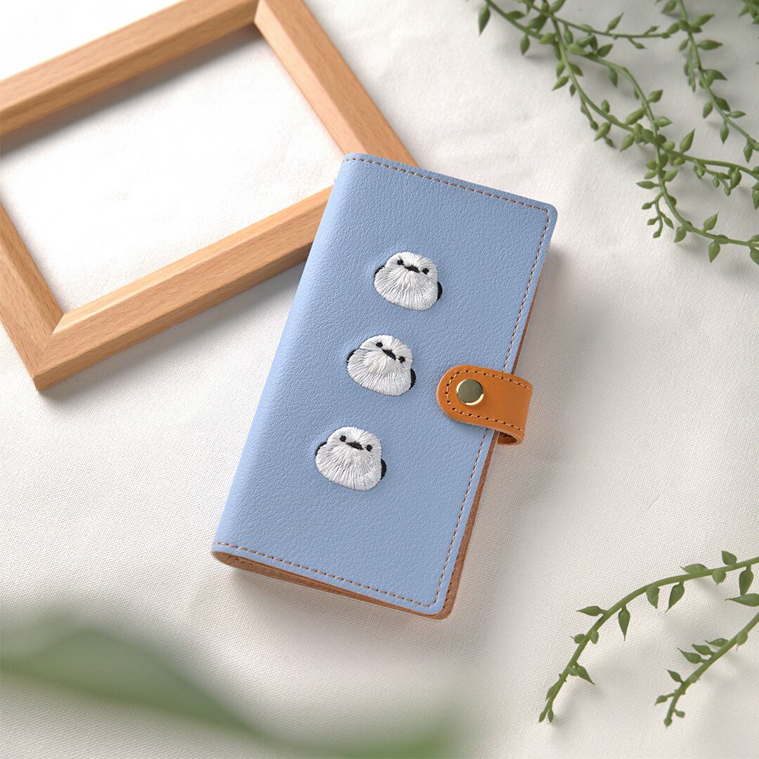 全機種対応 スマホケース 手帳型 【 刺繍　3羽のシマエナガ 】 ゴールドパーツ スマホショルダー 落下防止