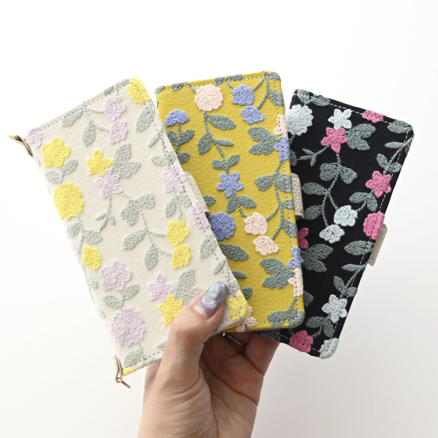 多機種対応 スマホケース 手帳型 【 ボタニカル フラワーガーデン 刺繍 】