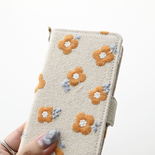 多機種対応 スマホケース 手帳型 【 オレンジ レトロフラワー 刺繍 】