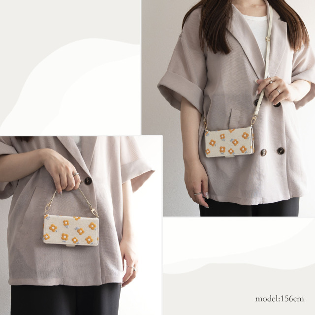 多機種対応 スマホケース 手帳型 【 オレンジ レトロフラワー 刺繍 】