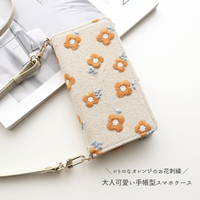 多機種対応 スマホケース 手帳型 【 オレンジ レトロフラワー 刺繍 】