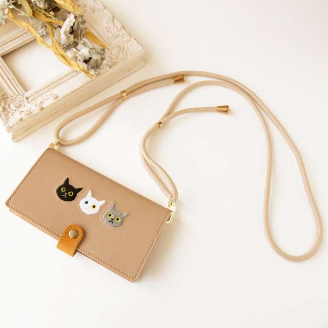 福袋 全機種対応 スマホケース 手帳型 【 刺繍 横向き 3匹の猫 ロングストラップ セット 】 スマホショルダー