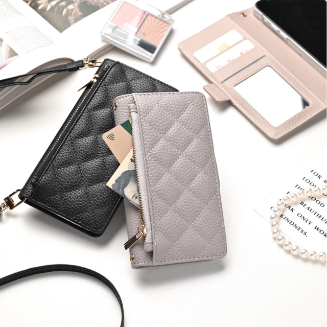 多機種対応 ミラー付き スマホケース 手帳型 【 キルティング コインケース付き 】 サイドマグネット くすみカラー