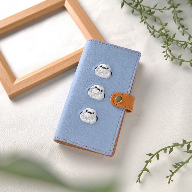 全機種対応 スマホケース 手帳型 【 刺繍　3羽のシマエナガ 】 ゴールドパーツ スマホショルダー 落下防止