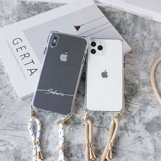 iPhone限定 スマホケース スマホストラップ付 【 TPUクリアケース 名入れ 】 HMストラップ 文字入れ スマホショルダー 名入れ無料