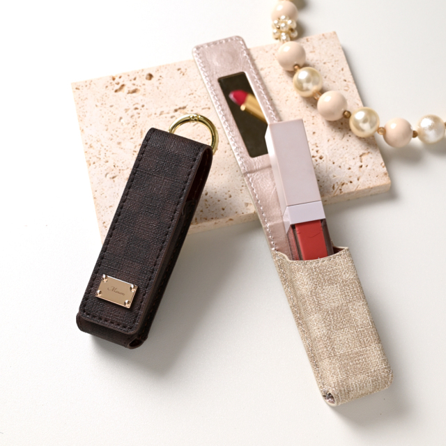 1本収納 ミラー付き リップケース 【 フィオレッティ チェック柄 】 名入れ 国内産PVCレザー 抗菌作用 リップポーチ