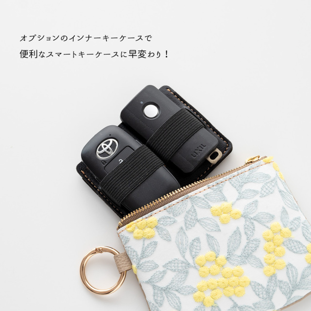 リング付ポーチ 【 ぷっくりミモザ × シュリンクレザー 】