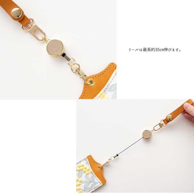 パスケース リール付き 【 ぷっくりミモザ × シュリンクレザー 】