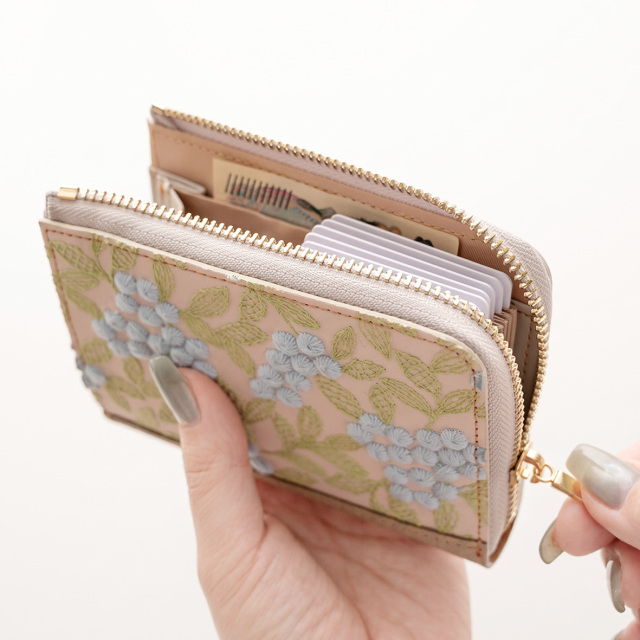 スマートキー in L字ファスナー 縦型じゃばら式 ウォレット 【 ぷっくりミモザ × シュリンクレザー 】