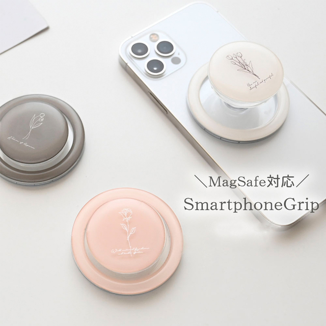 MagSafe対応 【 ぷっくり スマホグリップ - flower ‐ 】 マグセーフ スマホスタンド グリップトック 韓国 花柄 iPhone