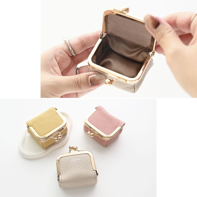 ボックス型 がま口 ミニポーチ 【 本革 ニュアンス 名入れ 】