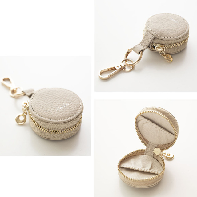 ラウンド ミニ アクセサリーポーチ 【 本革 ニュアンス 名入れ 】