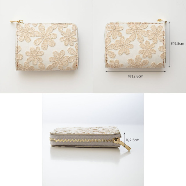 スマートキー in L字ファスナー 縦型じゃばら式 ウォレット 【 ラテフラワー 刺繍 】