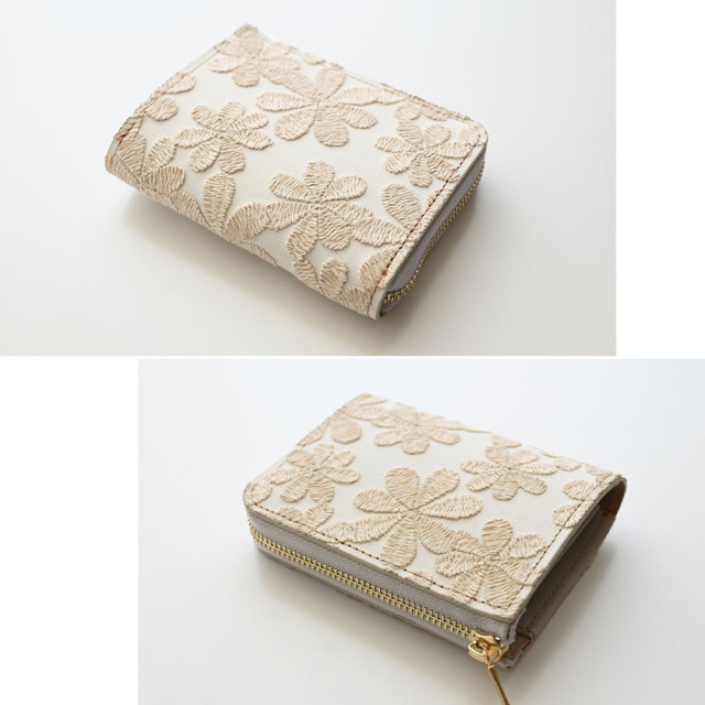 スマートキー in L字ファスナー 縦型じゃばら式 ウォレット 【 ラテフラワー 刺繍 】