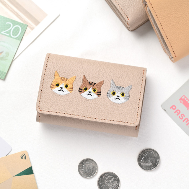 シンプル 三つ折り財布 【 シュリンクレザー 猫 】
