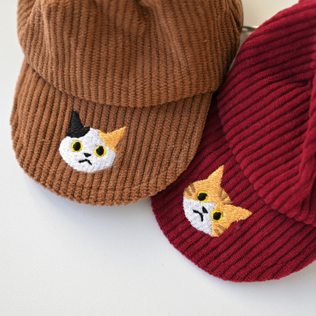 コーデュロイ キャップポーチ 【 刺繍 猫 】