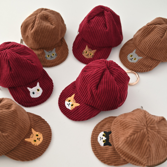 コーデュロイ キャップポーチ 【 刺繍 猫 】