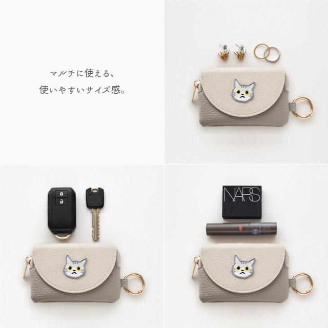 ミラー付き フラップ ミニポーチ 【 simple ワッペン 猫 犬 】
