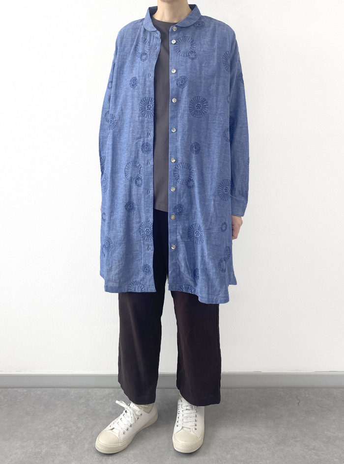 綿麻刺繍フレアーチュニックロングシャツ