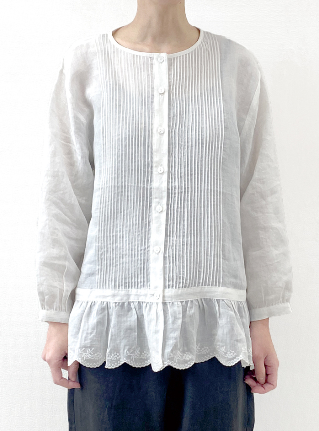 50%OFF! リネンスカラ刺繍ピンタックブラウス