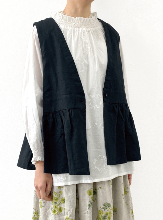 麻ワンボタンギャザーベスト