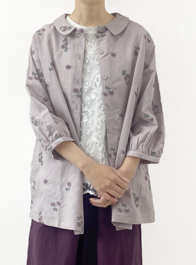 綿麻マーガレット刺繍チュニックブラウス