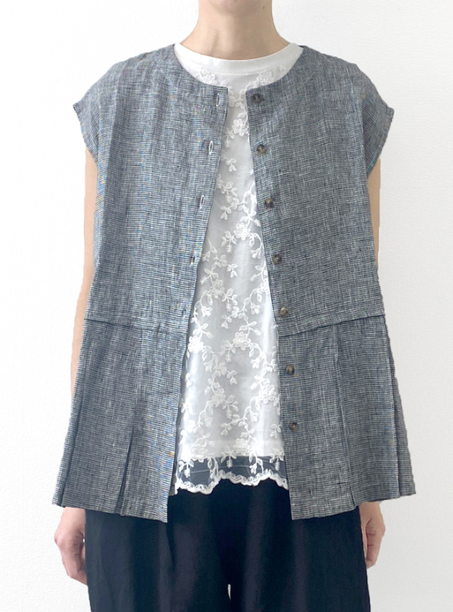 リネン先染めフレンチスリーブブラウス