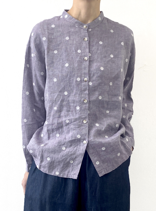 ネコドット刺繍マオカラーブラウス