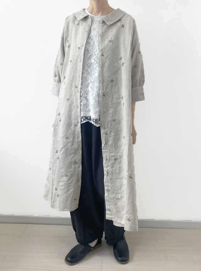 綿麻マーガレット刺繍前開きワンピース