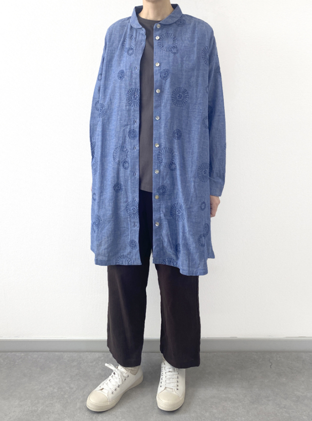 綿麻刺繍フレアーチュニックロングシャツ