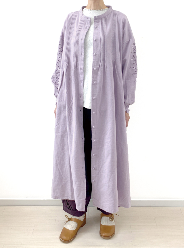 50%OFF! 綿起毛袖刺繍前開きワンピース