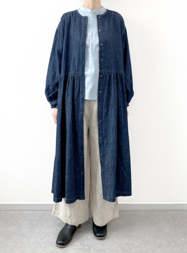 綿麻デニムシャーリングワンピース