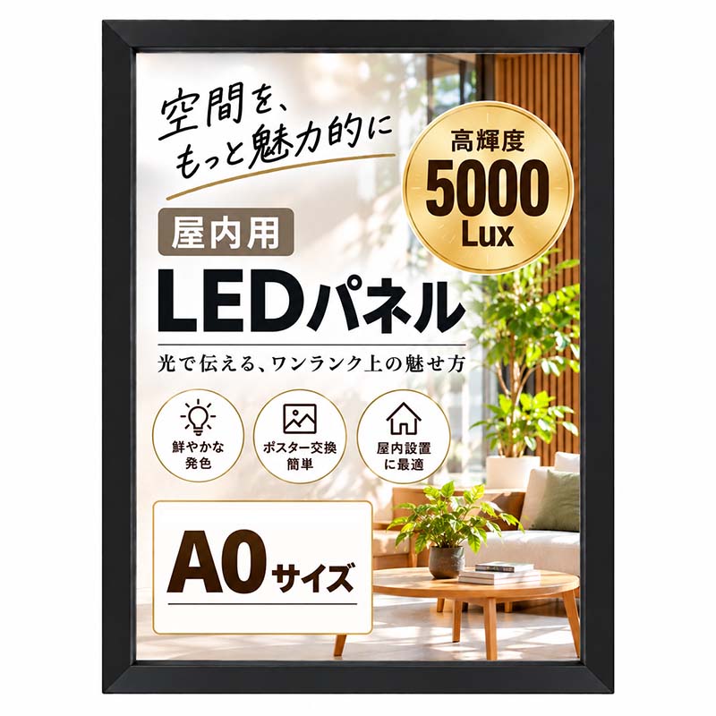 屋内用LEDパネル　導光板　バックライト　光る看板　ポスターフレーム　LEDパネル看板　A0サイズ　四辺開閉式フレーム　角型　フレーム幅42ｍｍ　ブラック　【型番：OKH28-A0-BK】