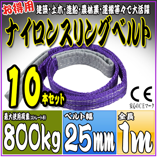 スリングベルト 10本セット 1m 幅25mm 使用荷重800kg 吊りベルト ベルトスリング ナイロンスリング ［ナイロンスリングベルト 繊維ベルト 荷吊りベルト 吊上げ ロープ 牽引 クレーンロープ クレーンベルト 運搬］ HRS008P010SET10