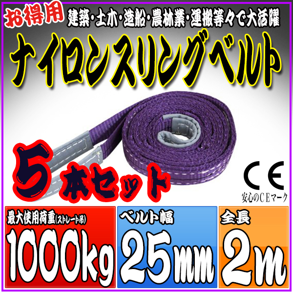 スリングベルト 5本セット 2m 幅25mm 使用荷重1000kg 吊りベルト ベルトスリング ナイロンスリング ［ナイロンスリングベルト 繊維ベルト 荷吊りベルト 吊上げ ロープ 牽引 クレーンロープ クレーンベルト 運搬］ HRS01P020SET5