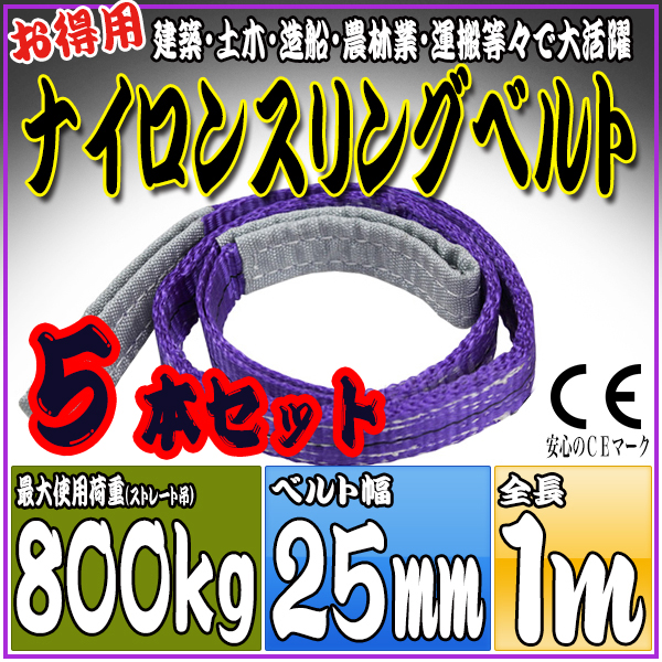 スリングベルト 5本セット 1m 幅25mm 使用荷重800kg 吊りベルト ベルトスリング ナイロンスリング ［ナイロンスリングベルト 繊維ベルト 荷吊りベルト 吊上げ ロープ 牽引 クレーンロープ クレーンベルト 運搬］ HRS008P010SET5