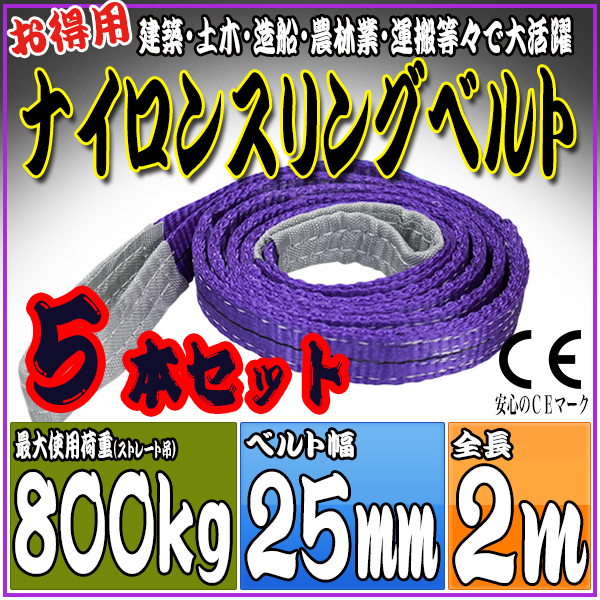 スリングベルト 5本セット 2m 幅25mm 使用荷重800kg 吊りベルト ベルトスリング ナイロンスリング ［ナイロンスリングベルト 繊維ベルト 荷吊りベルト 吊上げ ロープ 牽引 クレーンロープ クレーンベルト 運搬］ HRS008P020SET5