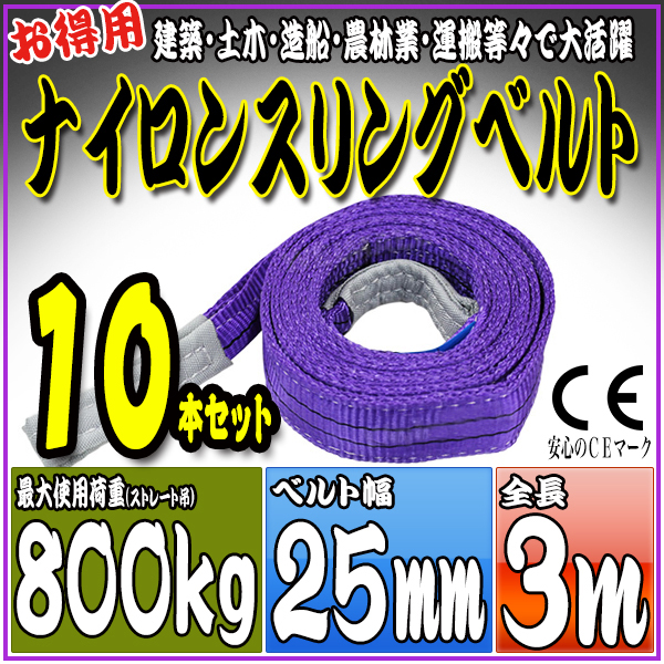 スリングベルト 10本セット 3m 幅25mm 使用荷重800kg 吊りベルト ベルトスリング ナイロンスリング ［ナイロンスリングベルト 繊維ベルト 荷吊りベルト 吊上げ ロープ 牽引 クレーンロープ クレーンベルト 運搬］ HRS008P030SET10