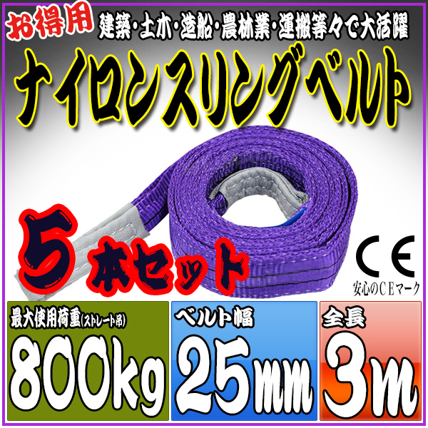 スリングベルト 5本セット 3m 幅25mm 使用荷重800kg 吊りベルト ベルトスリング ナイロンスリング ［ナイロンスリングベルト 繊維ベルト 荷吊りベルト 吊上げ ロープ 牽引 クレーンロープ クレーンベルト 運搬］ HRS008P030SET5