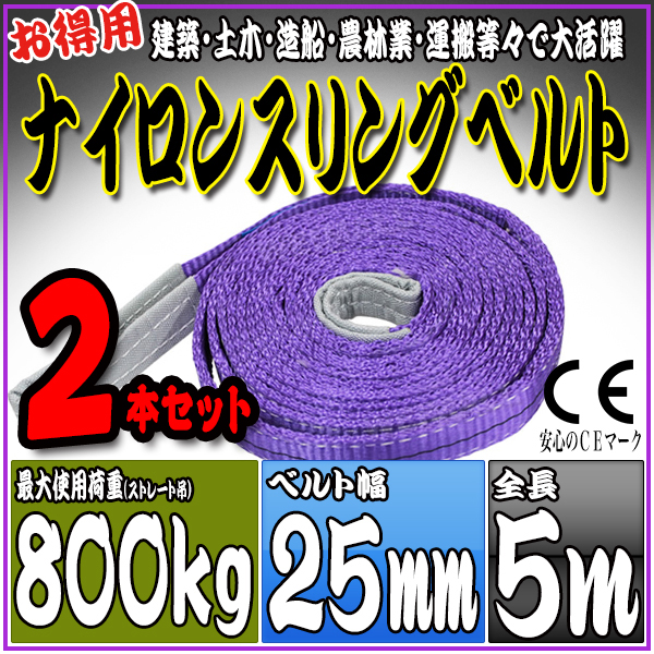 スリングベルト 2本セット 5m 幅25mm 使用荷重800kg 吊りベルト ベルトスリング ナイロンスリング ［ナイロンスリングベルト 繊維ベルト 荷吊りベルト 吊上げ ロープ 牽引 クレーンロープ クレーンベルト 運搬］ HRS008P050SET2