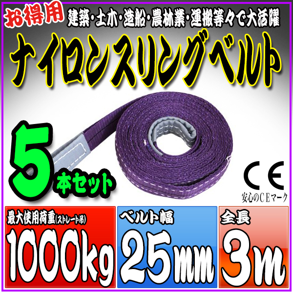 スリングベルト 5本セット 3m 幅25mm 使用荷重1000kg 吊りベルト ベルトスリング ナイロンスリング ［ナイロンスリングベルト 繊維ベルト 荷吊りベルト 吊上げ ロープ 牽引 クレーンロープ クレーンベルト 運搬］ HRS01P030SET5