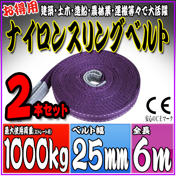 スリングベルト 2本セット 6m 幅25mm 使用荷重1000kg 吊りベルト ベルトスリング ナイロンスリング ［ナイロンスリングベルト 繊維ベルト 荷吊りベルト 吊上げ ロープ 牽引 クレーンロープ クレーンベルト 運搬］ HRS01P060SET2