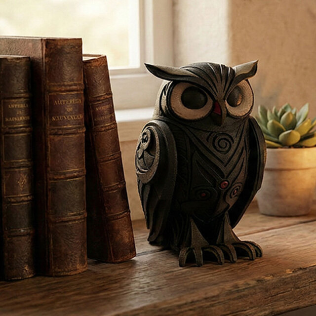 リビングに飾るおしゃれなフクロウオブジェのインテリア設置例｜3Dプリント×手塗りアート雑貨