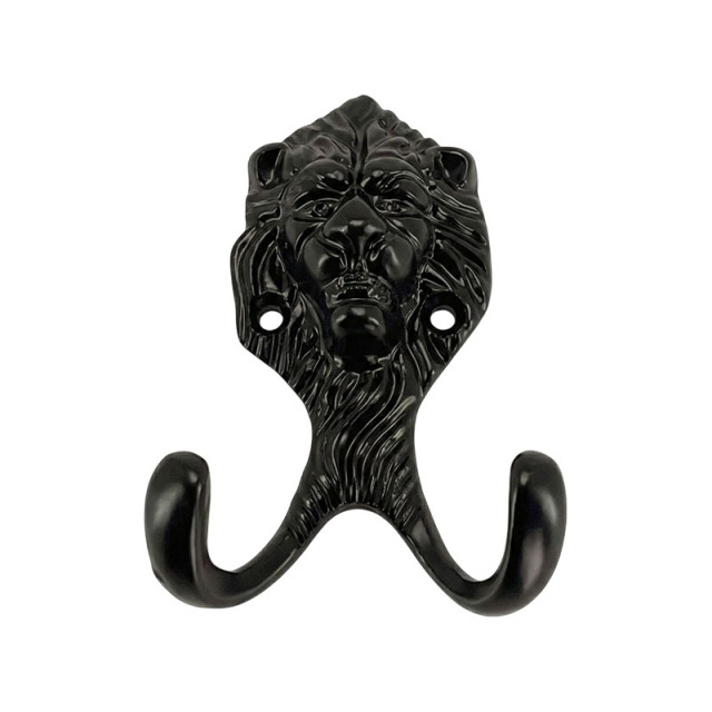 ライオンモチーフのロートアイアン製壁掛けフック｜ブラックの装飾アイアン金具