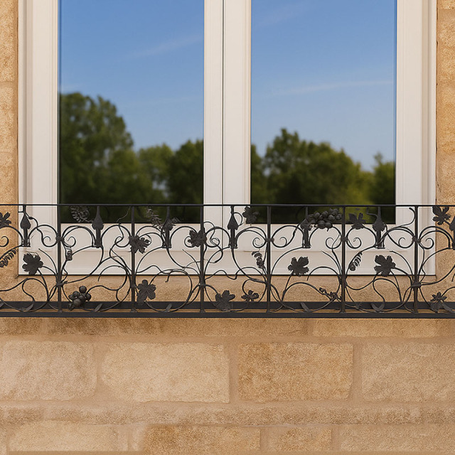 窓まわりを華やかに演出するロートアイアン窓花台の設置例