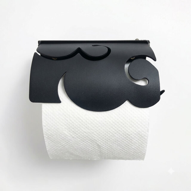 トイレットペーパーをセットした状態の、黒いアイアン製トイレットペーパーホルダーの正面カット。