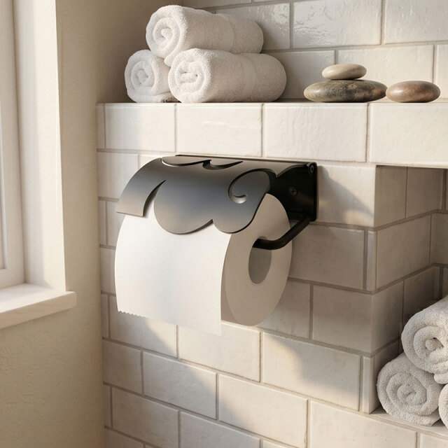 トイレットペーパーがセットされた、モダンな黒いアイアン製トイレットペーパーホルダーの設置例。